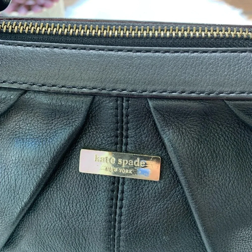 Kate Spade New York Matte Black Leather Bag Crossbody Zip Top Tote Handle Pleat
